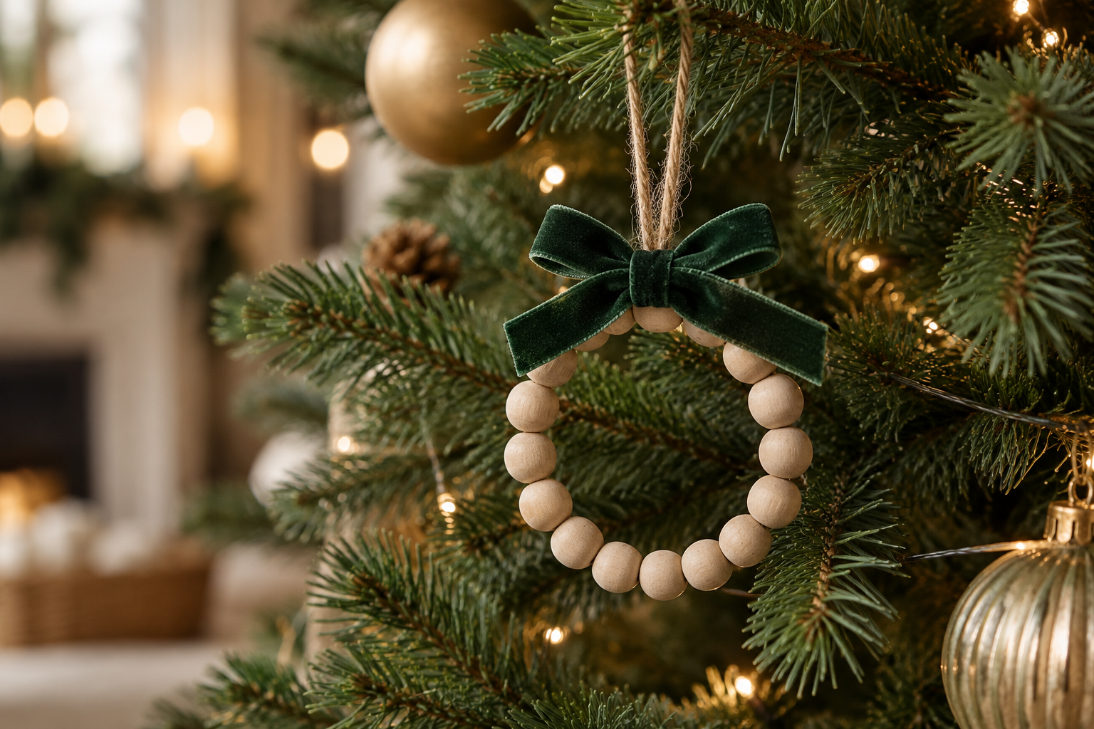 Natural wooden bead ring Christmas ornament with small forest green velvet bow on evergreen branch
