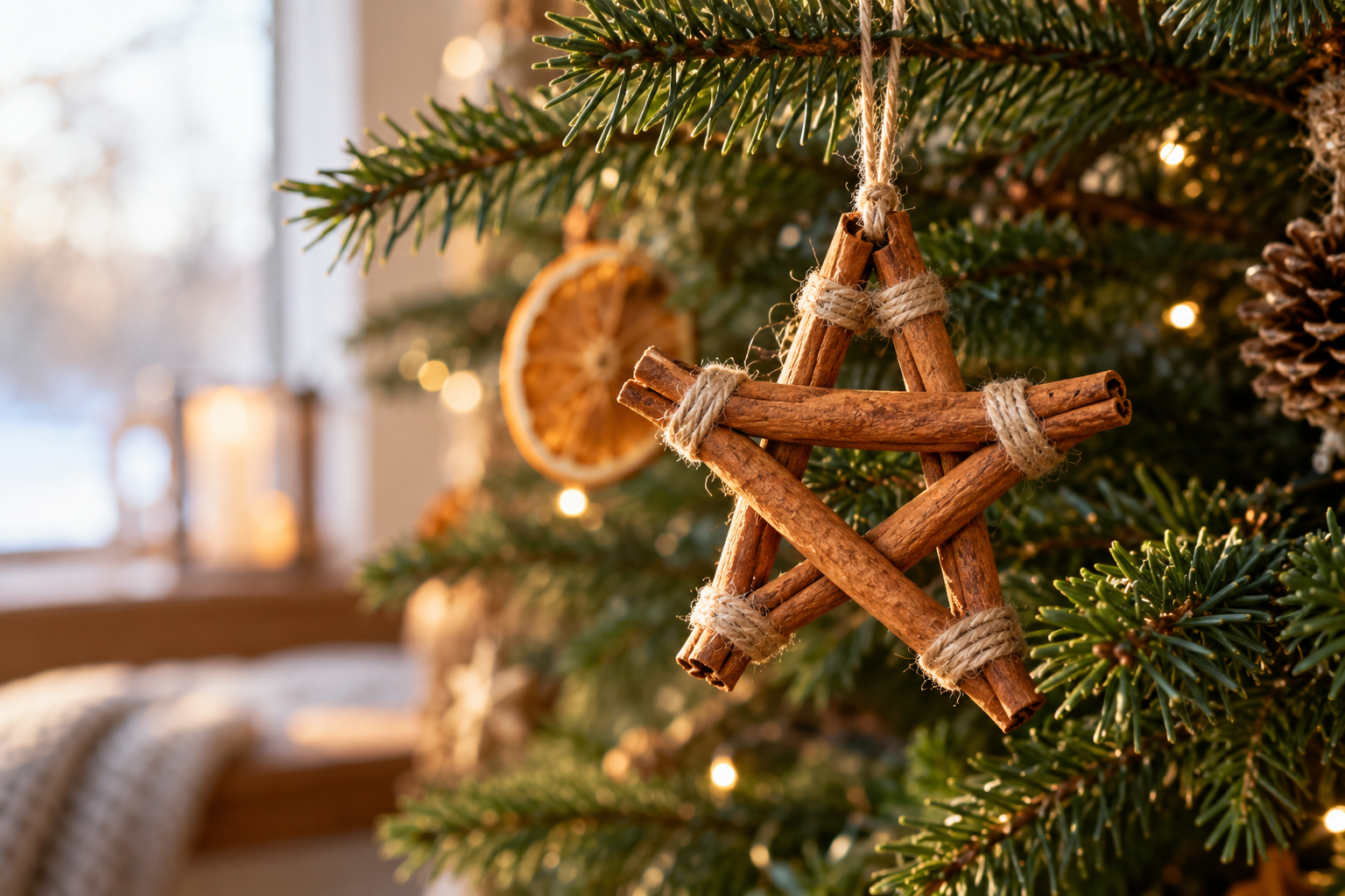 Simple cinnamon stick star ornament bound neatly with natural twine on evergreen branch