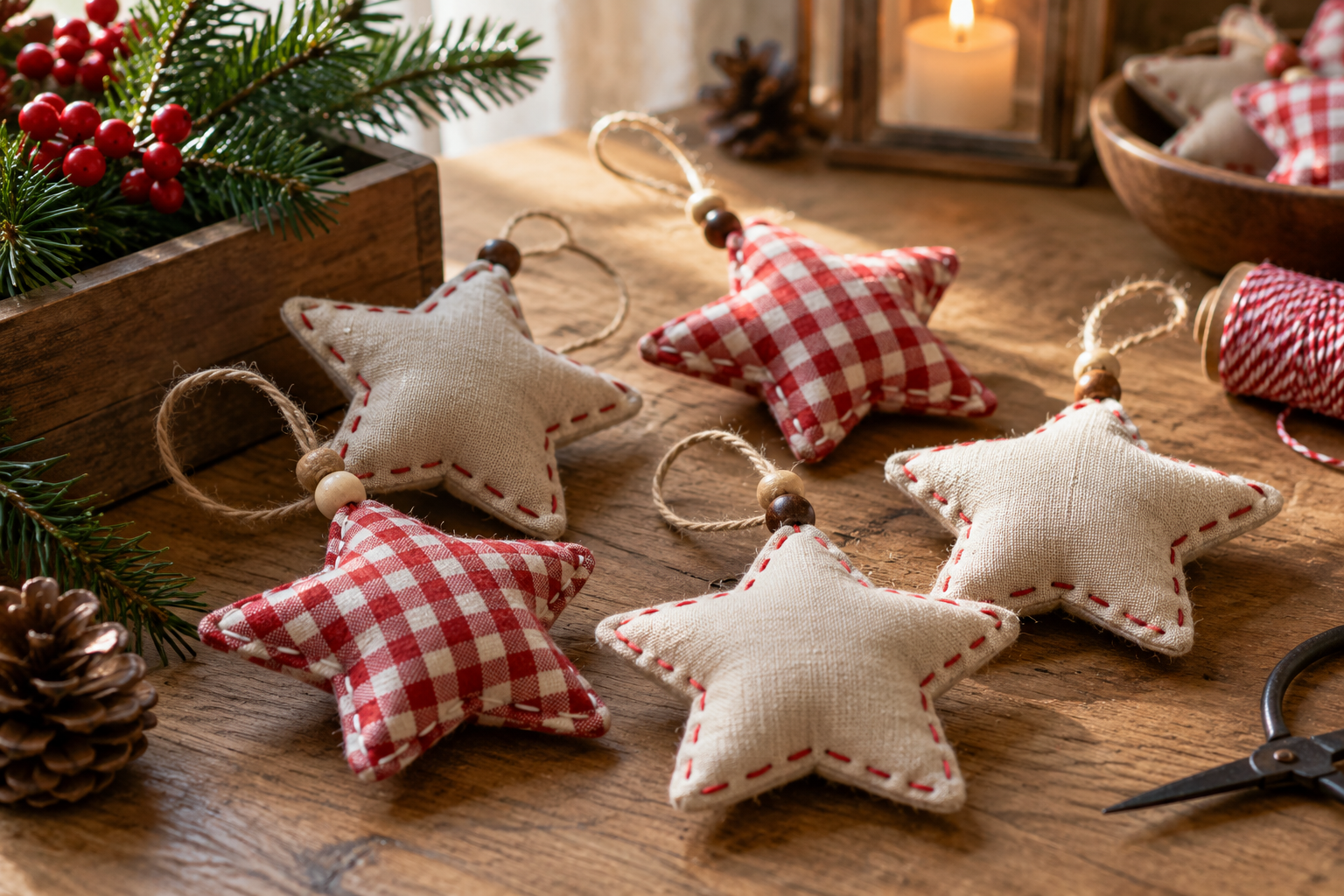 Small linen and red gingham stuffed fabric star Christmas ornaments with visible hand stitches on an oak worktable