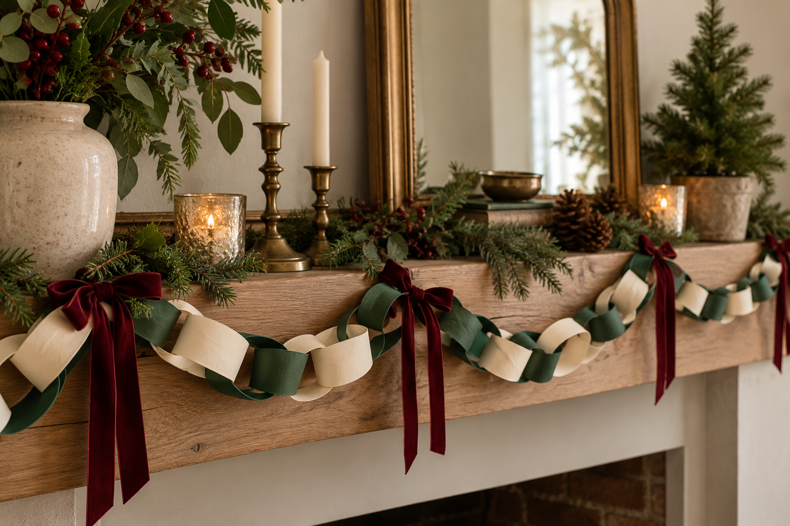 Handmade forest-green and cream paper chain draped along oak shelf, burgundy ribbon accents