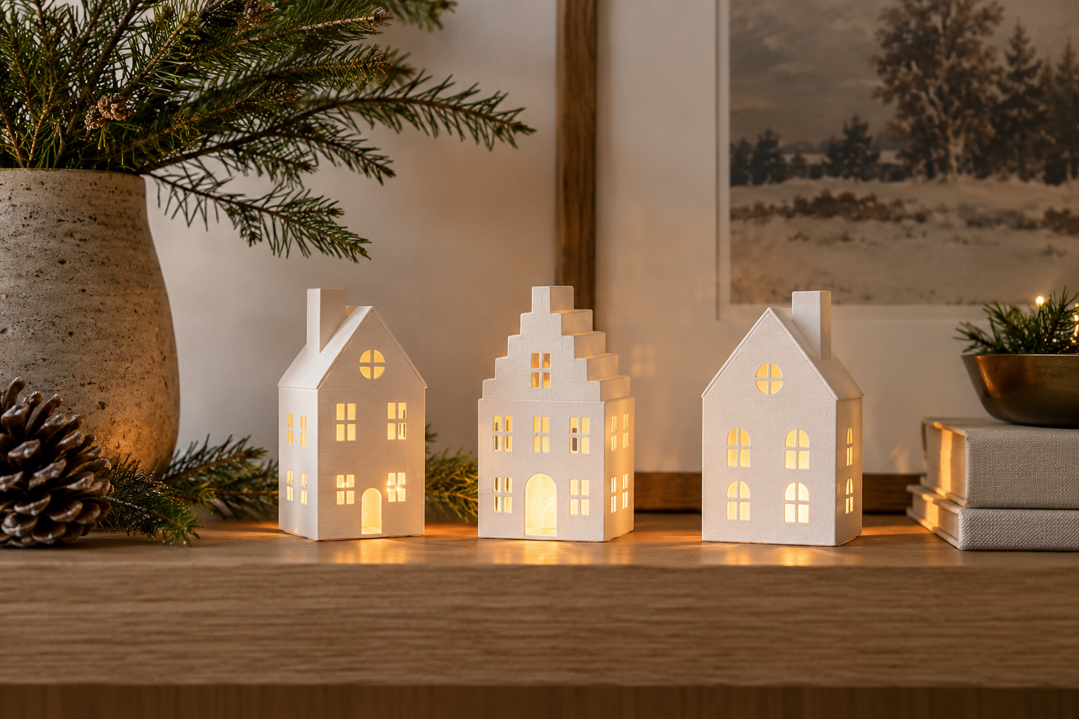 Three tiny white cardstock Christmas village houses with cutout windows, battery LED tea lights behind, on oak shelf