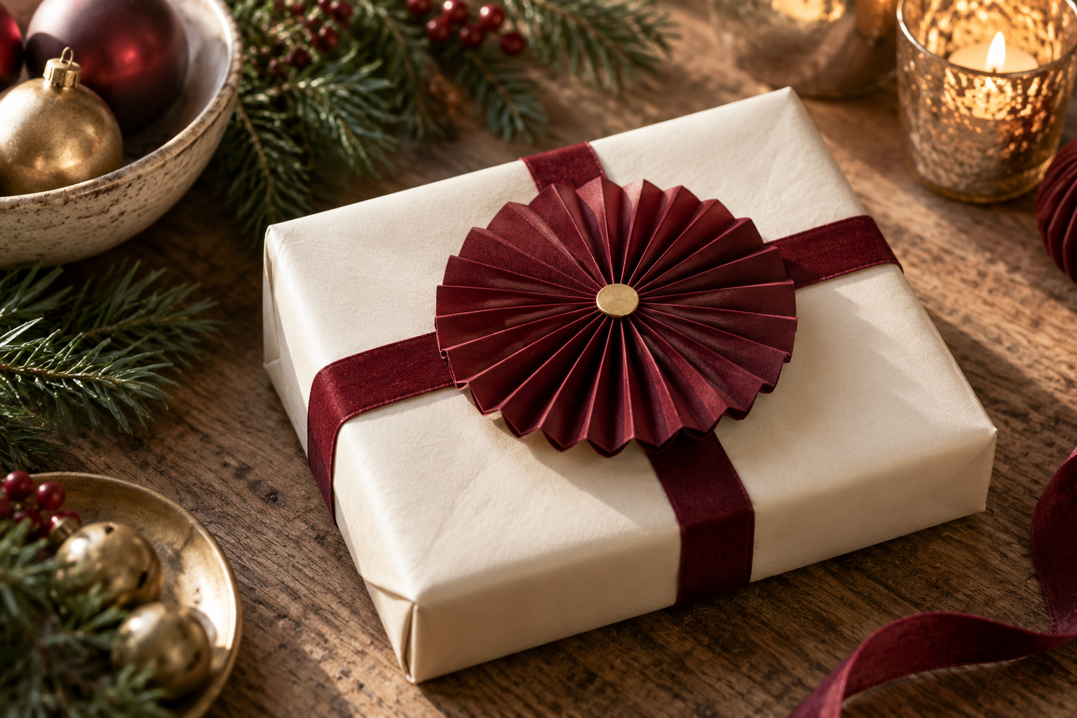 Pleated burgundy paper rosette gift topper on a cream paper wrapped gift