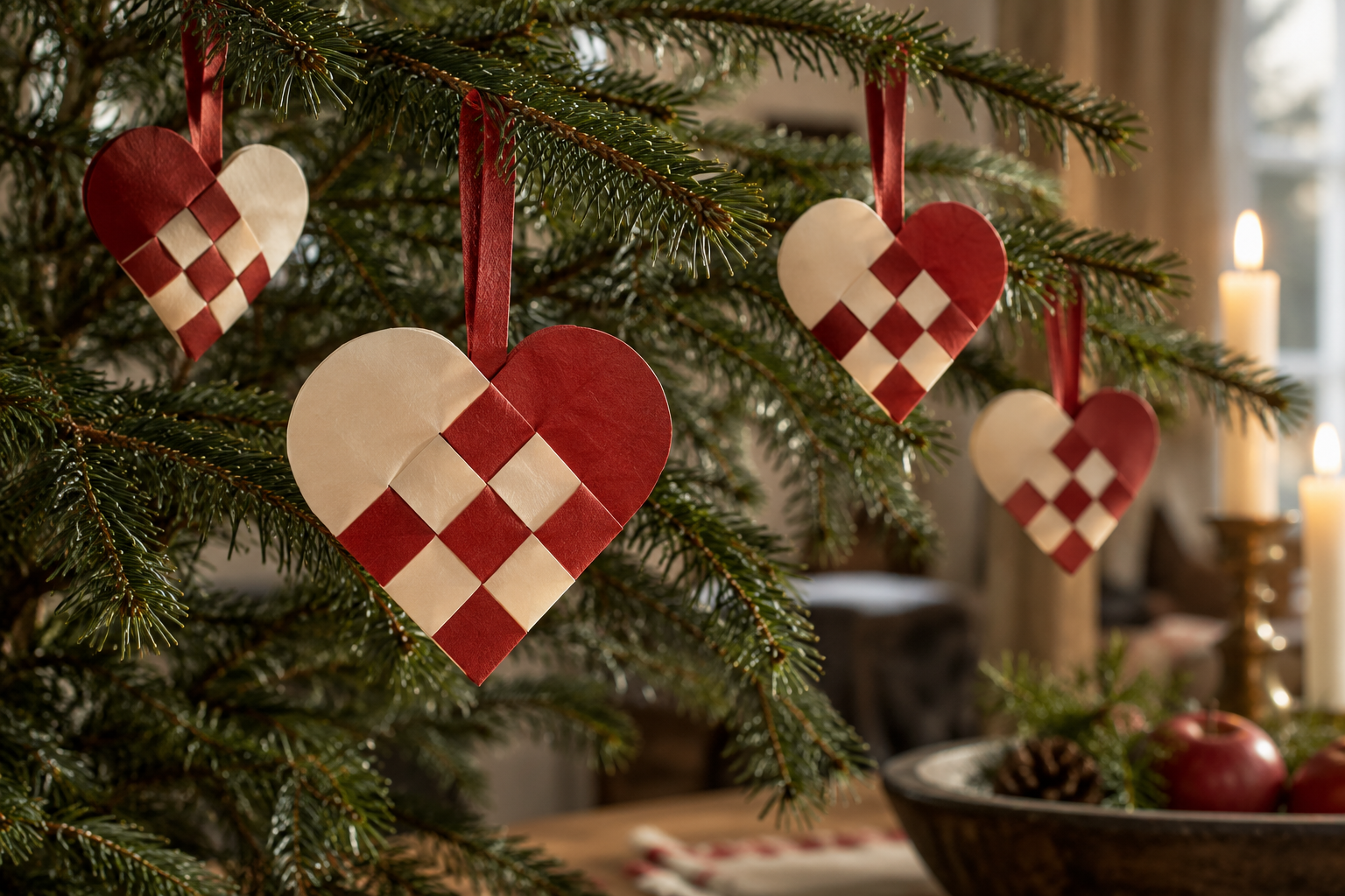 Several woven cream and deep-red paper heart baskets hanging on evergreen branches