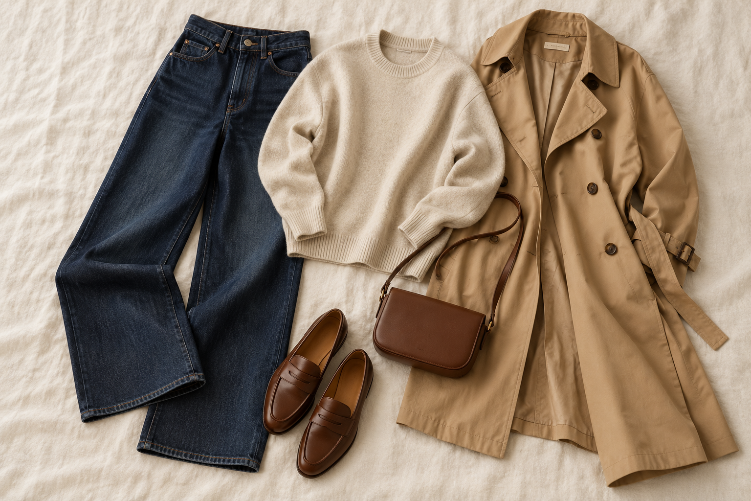 Wide-leg jeans with oatmeal knitwear, a tan trench coat and brown loafers