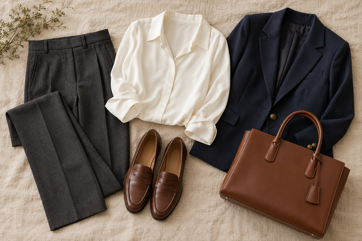 Fall work outfit with charcoal trousers, ivory blouse, navy blazer and brown accessories