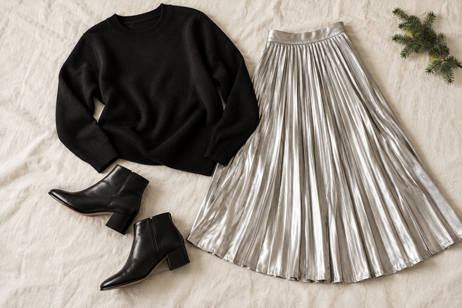 Silver pleated midi skirt, black knit and black ankle boots