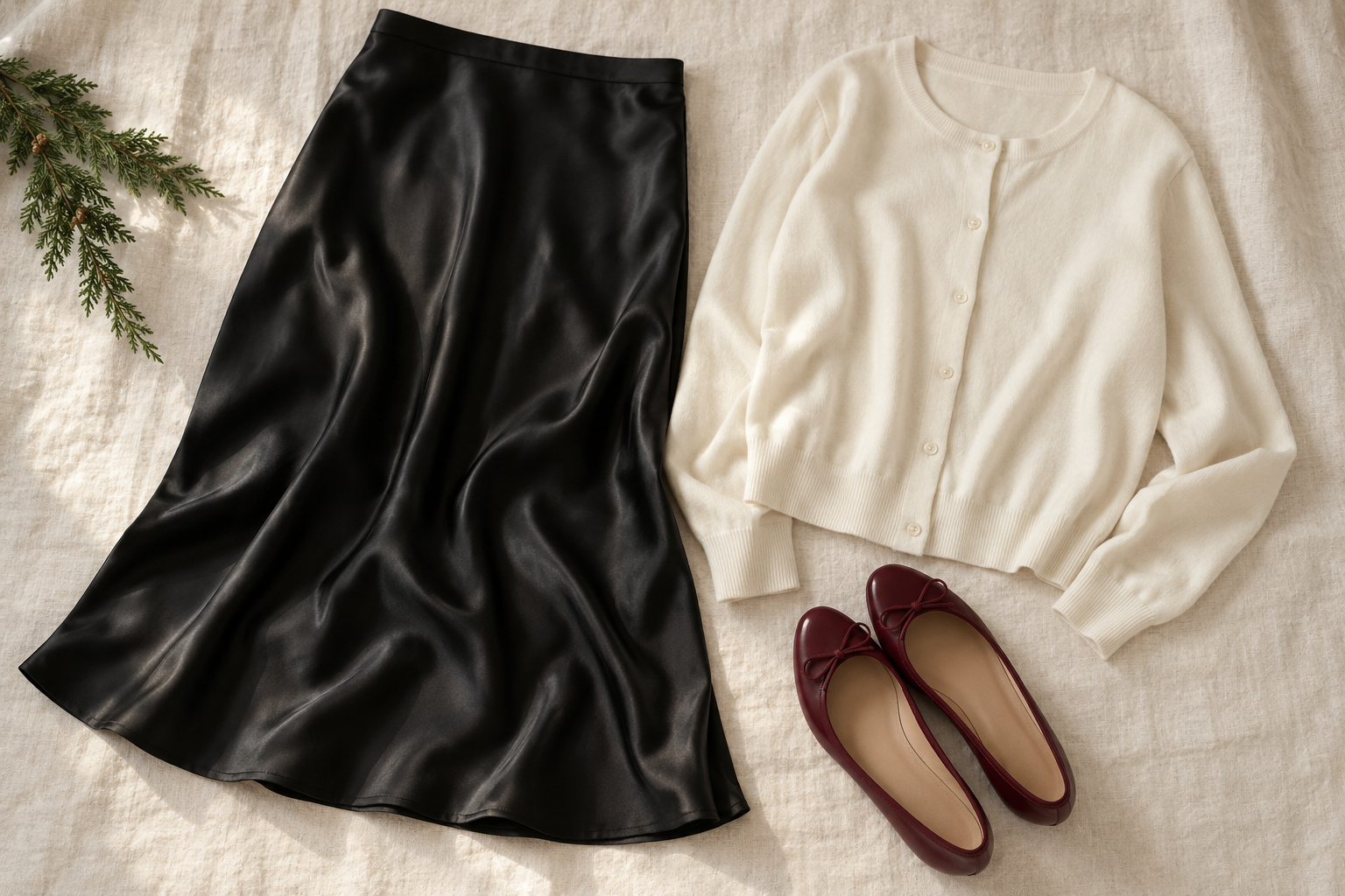 Black satin skirt, ivory cardigan and burgundy flats