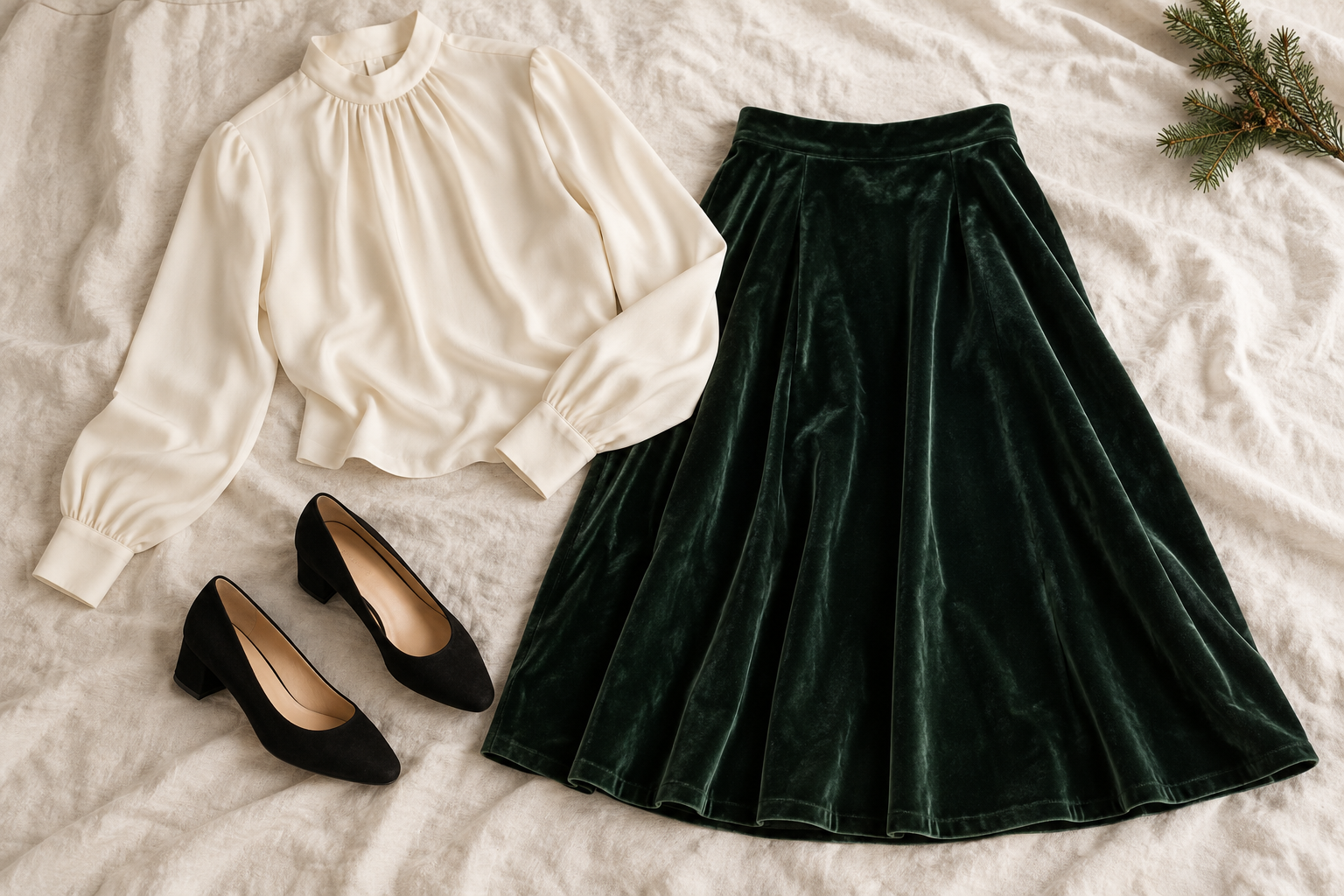 Forest-green velvet midi skirt, cream blouse and black low pumps