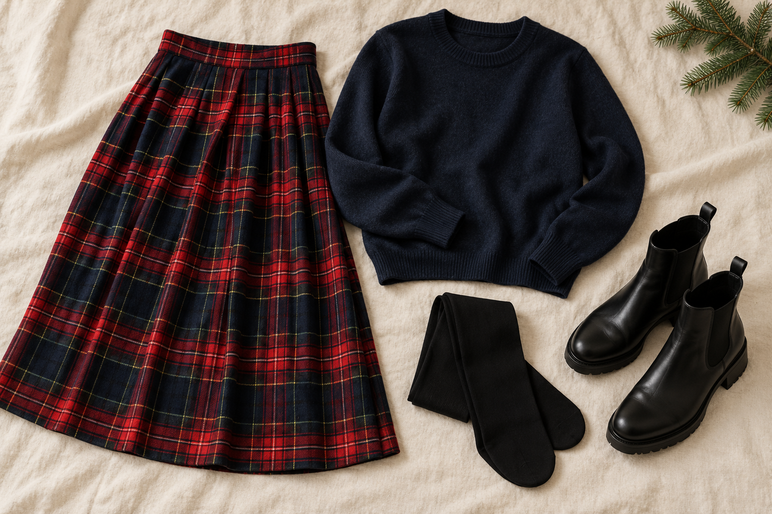 Red and navy tartan midi skirt, navy sweater, tights and black boots