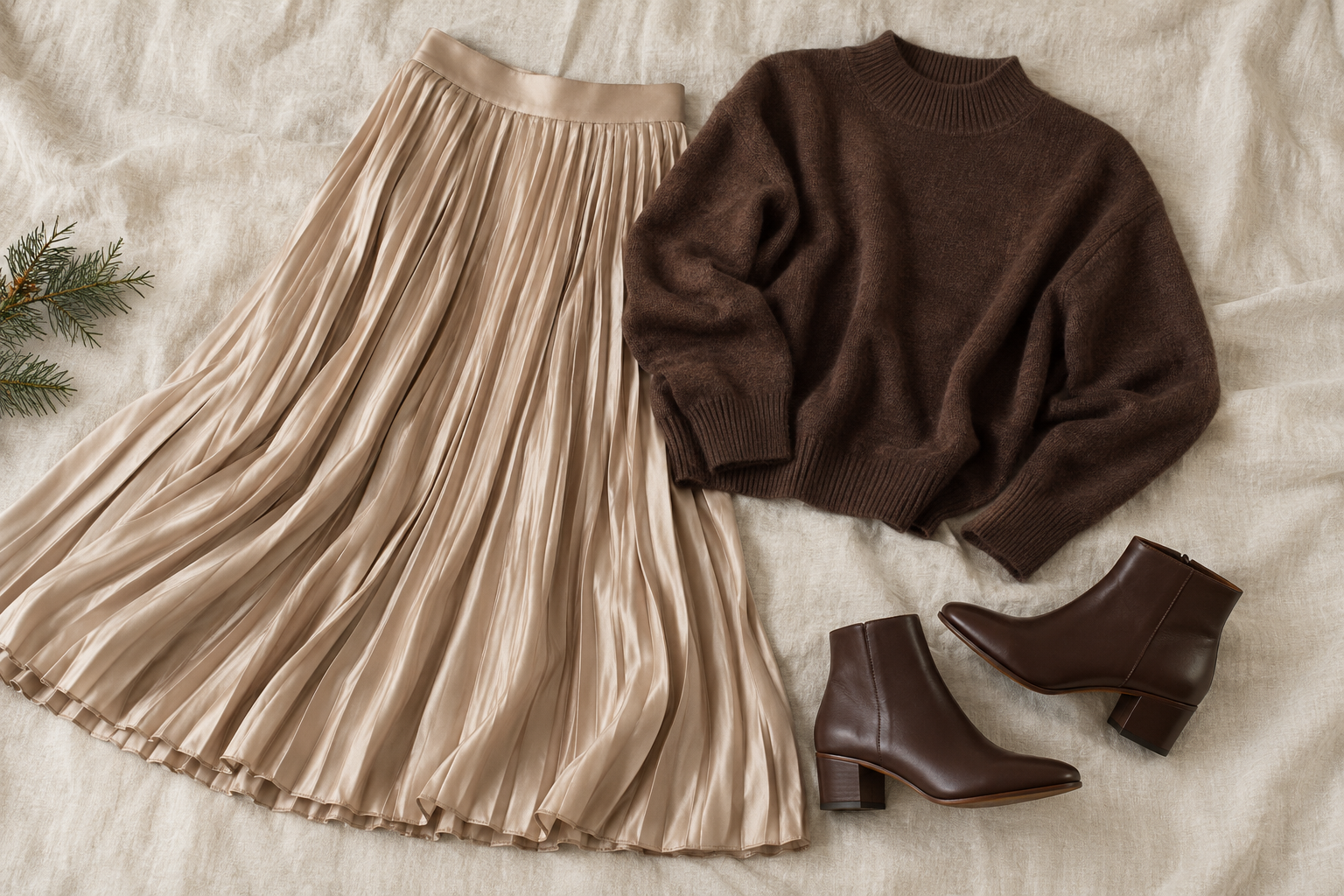 Champagne pleated skirt, chocolate knit and brown boots