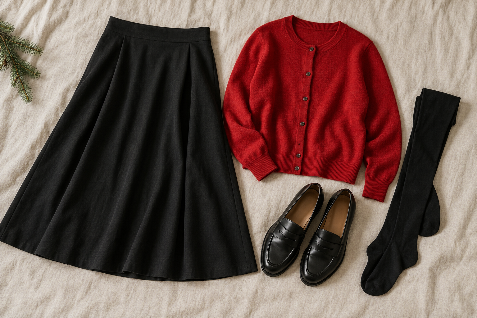 Black A-line midi skirt, red cardigan, tights and loafers