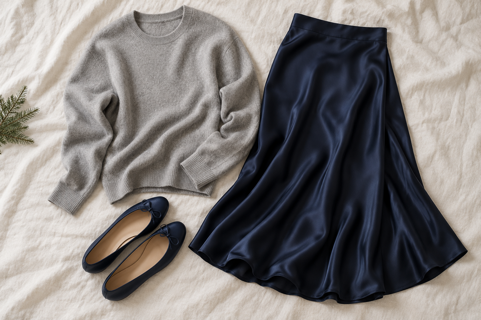 Navy satin midi skirt with silver-gray sweater and navy flats