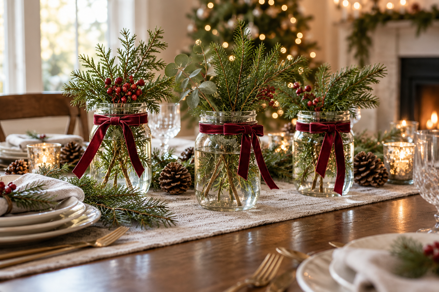 Three clear mason jars with water and evergreen sprigs, burgundy ribbon around rims, arranged on a Christmas table with linen runner