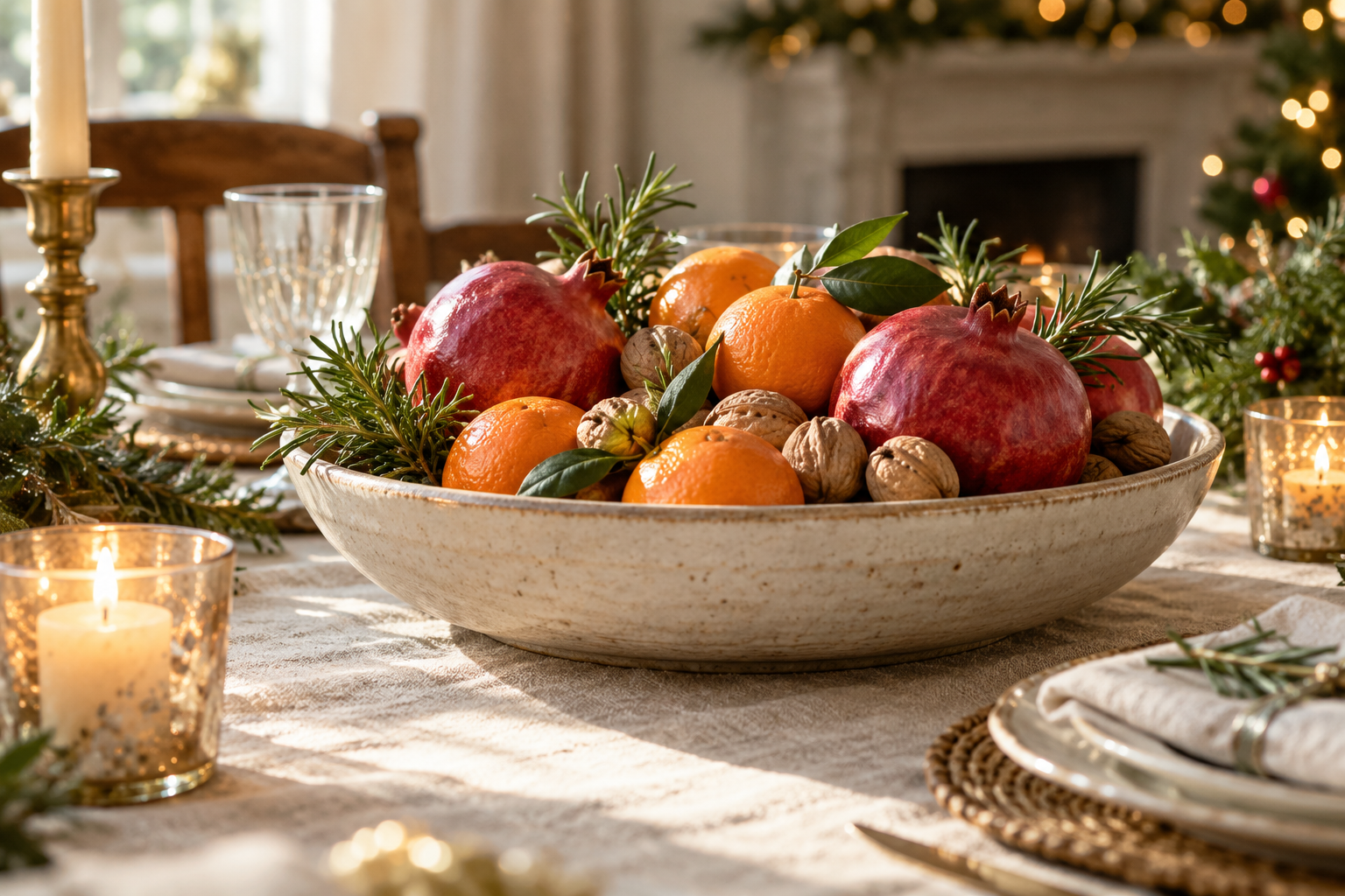 Shallow ceramic bowl holding pomegranates, oranges and walnuts with few rosemary sprigs on Christmas dining table