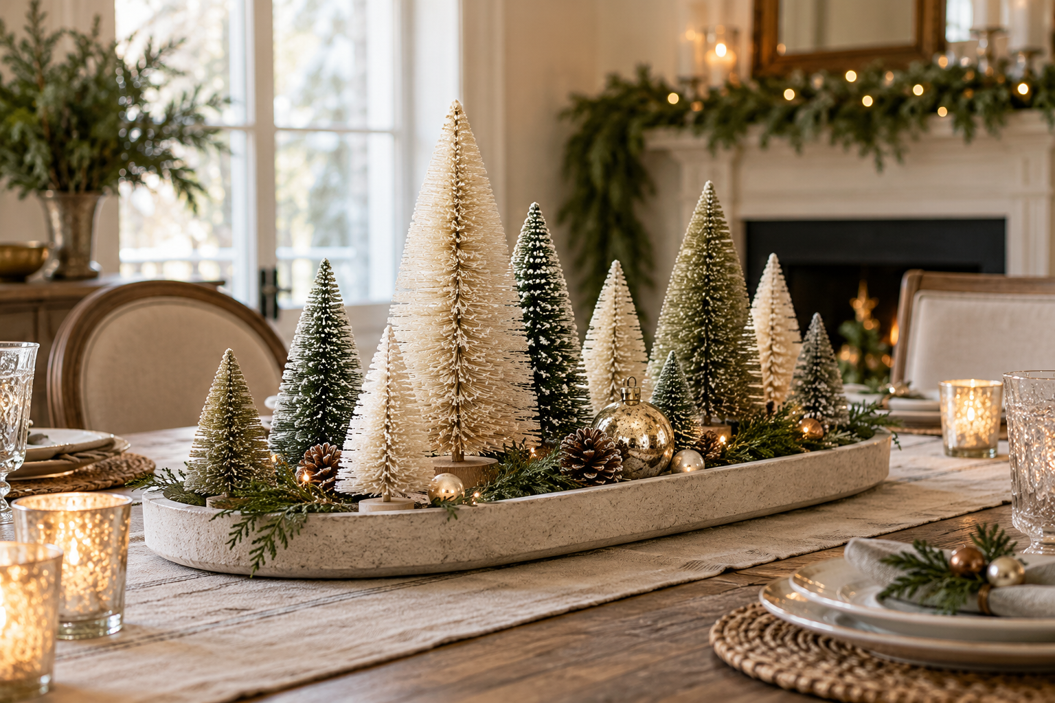 Small forest of cream and muted green bottle brush Christmas trees on an oval tray at dining table