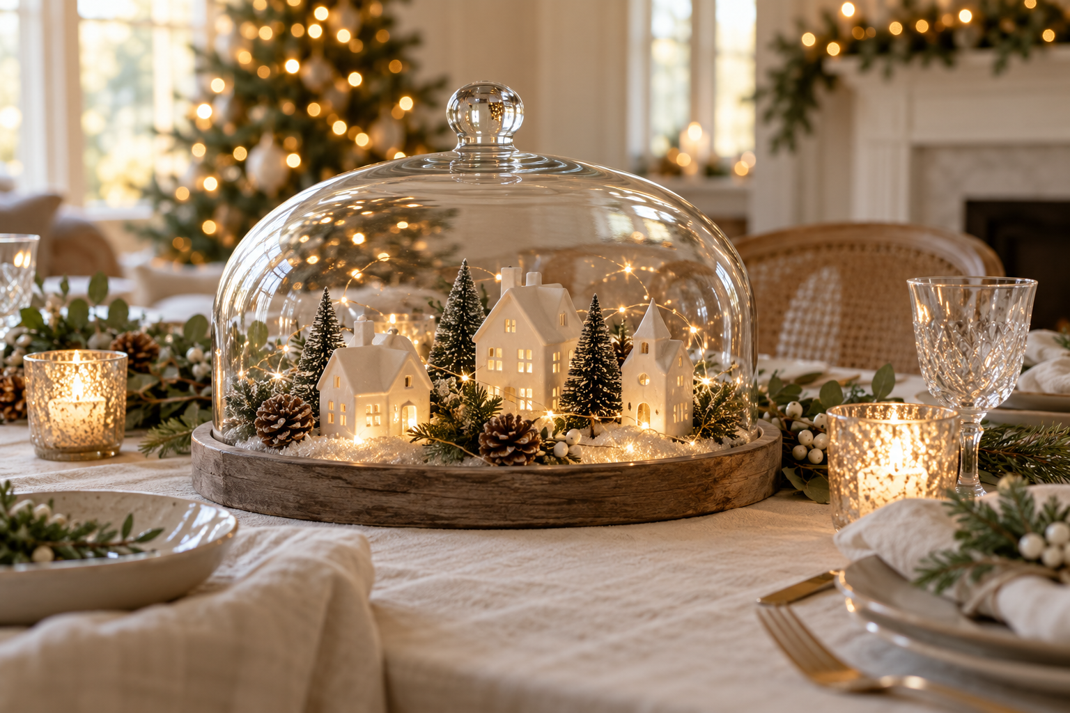 Low glass cloche with tiny white ceramic houses and battery fairy lights inside, Christmas centerpiece on cream linen table