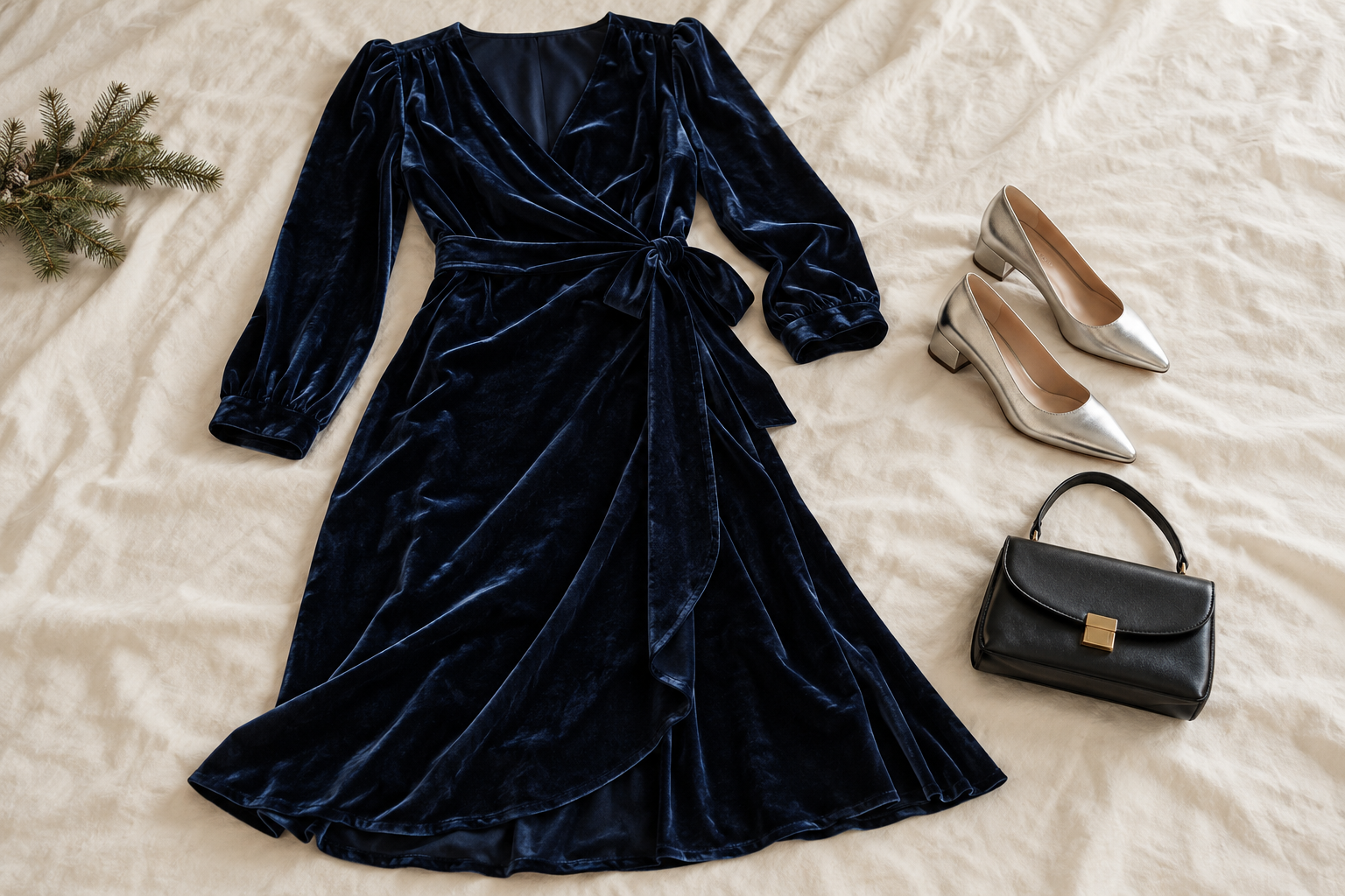 Navy velvet midi dress with silver low pumps
