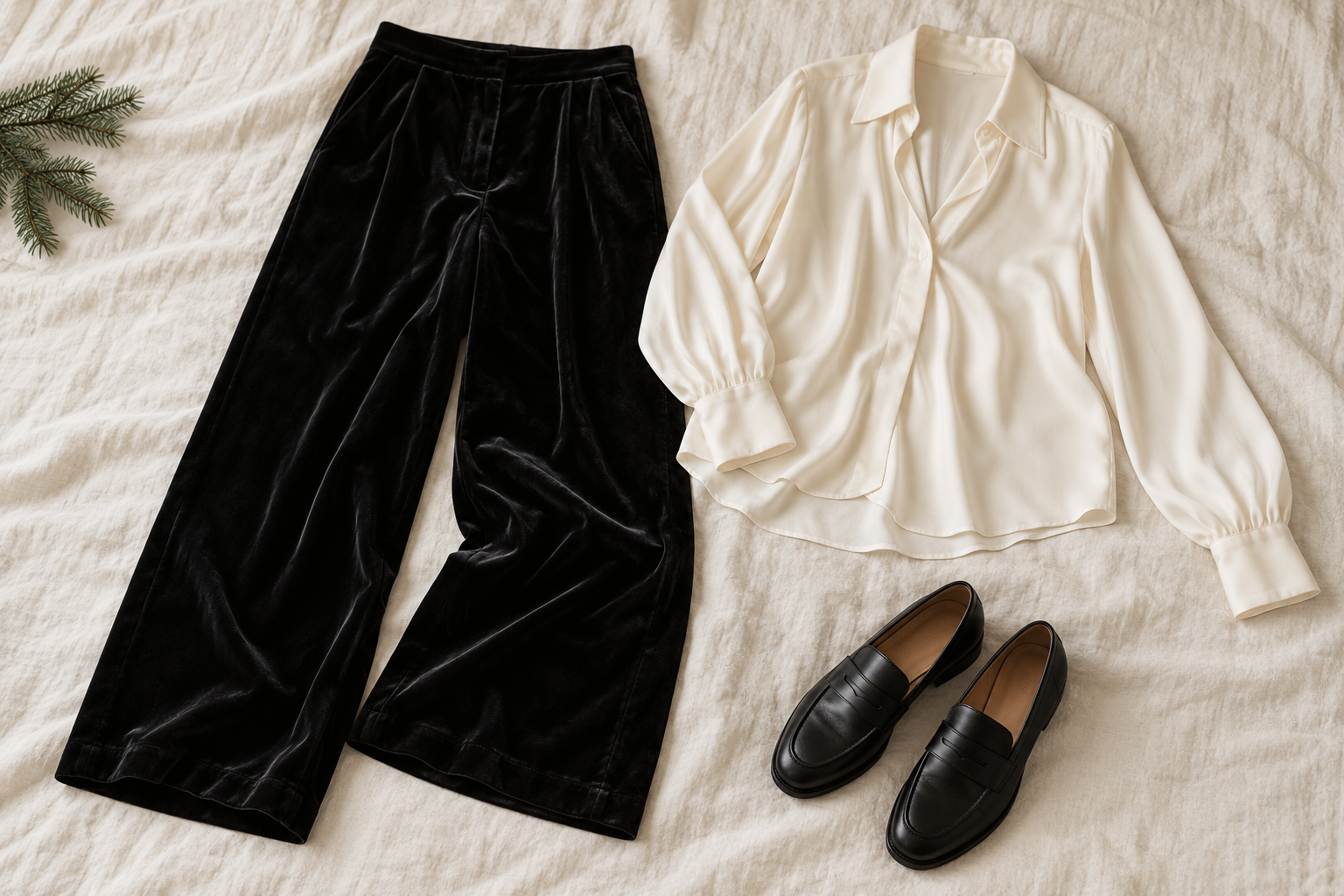 Black velvet wide-leg trousers with ivory blouse and loafers