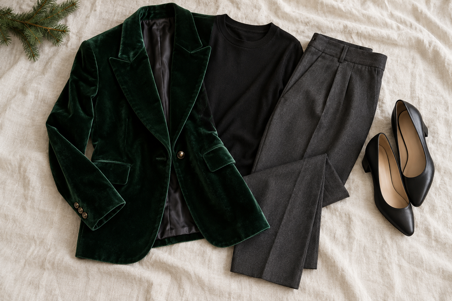 Forest-green velvet blazer, black top and charcoal trousers