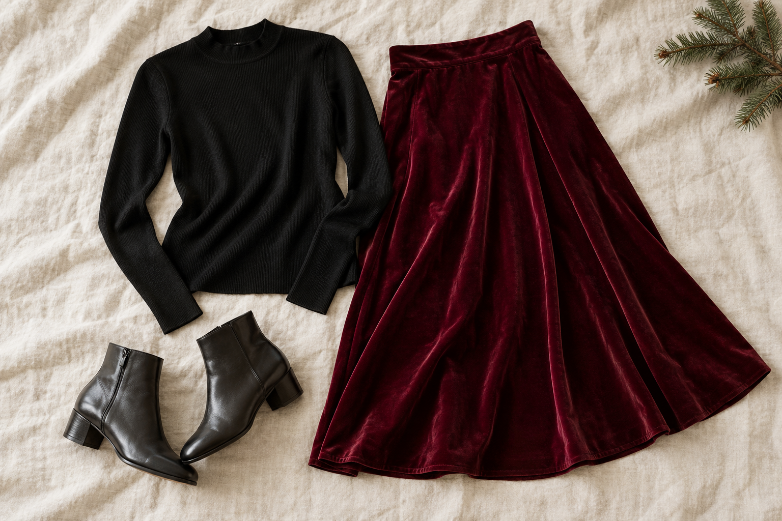 Burgundy velvet midi skirt with black knit and ankle boots