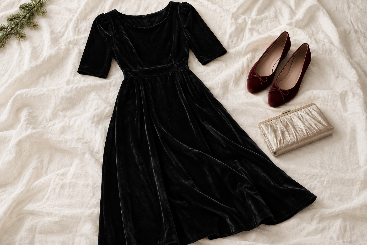 Black velvet midi dress, burgundy ballet flats and champagne clutch