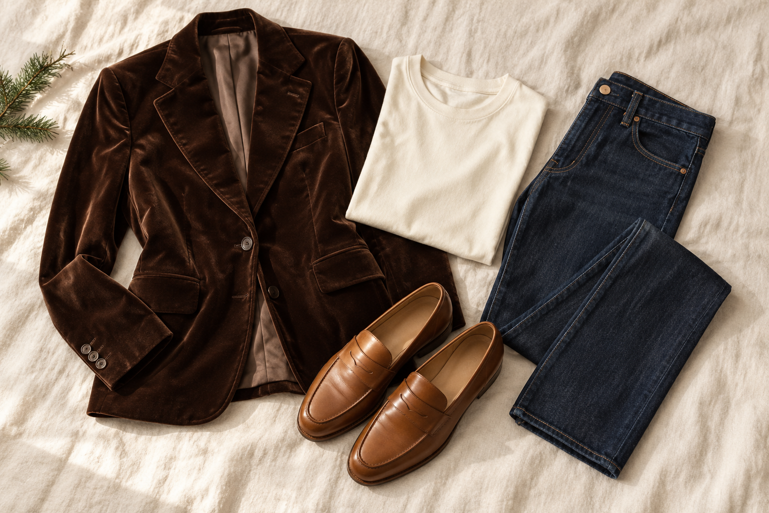 Chocolate velvet blazer, cream top, dark jeans and tan loafers