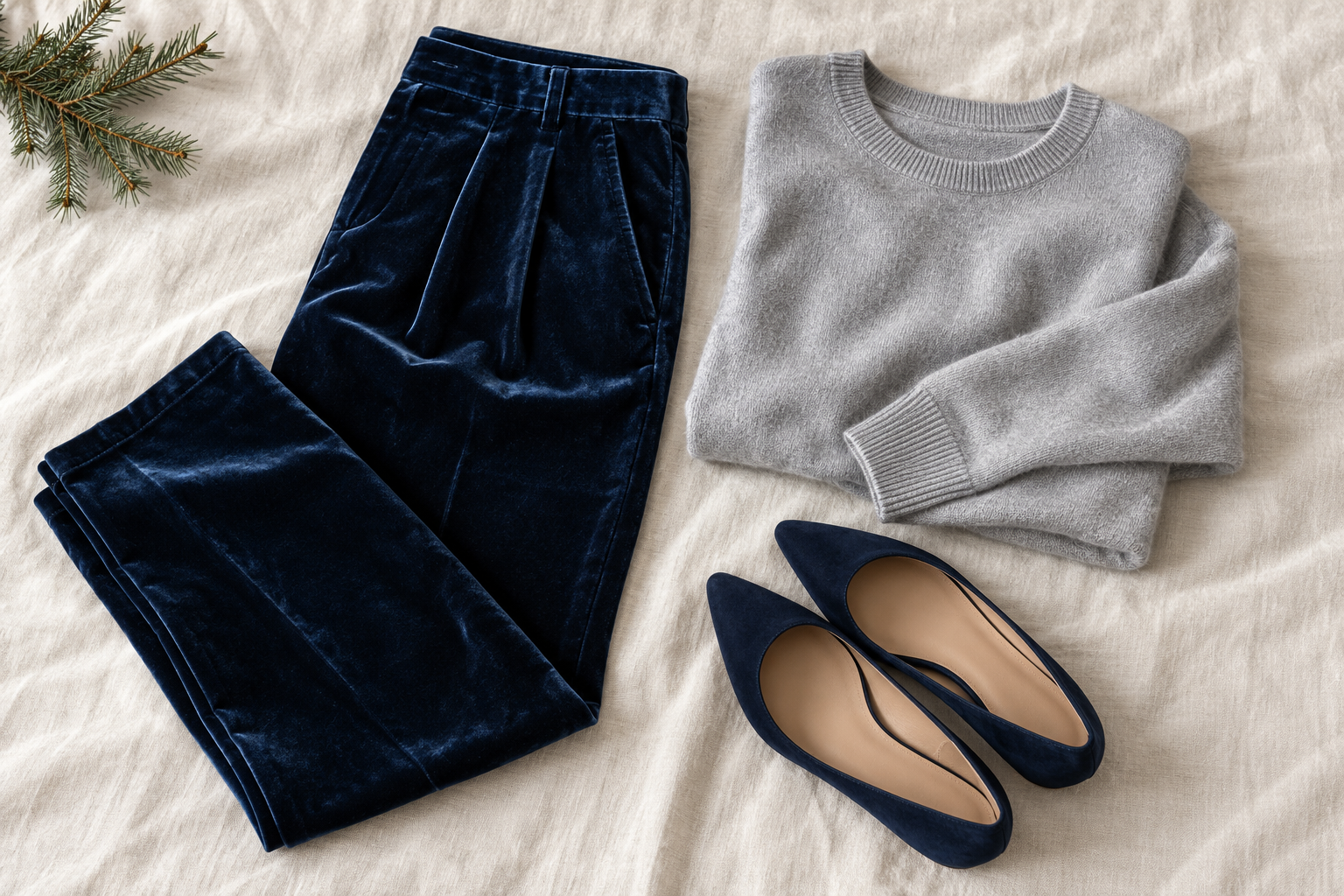 Navy velvet trousers with silver-gray knit and navy flats