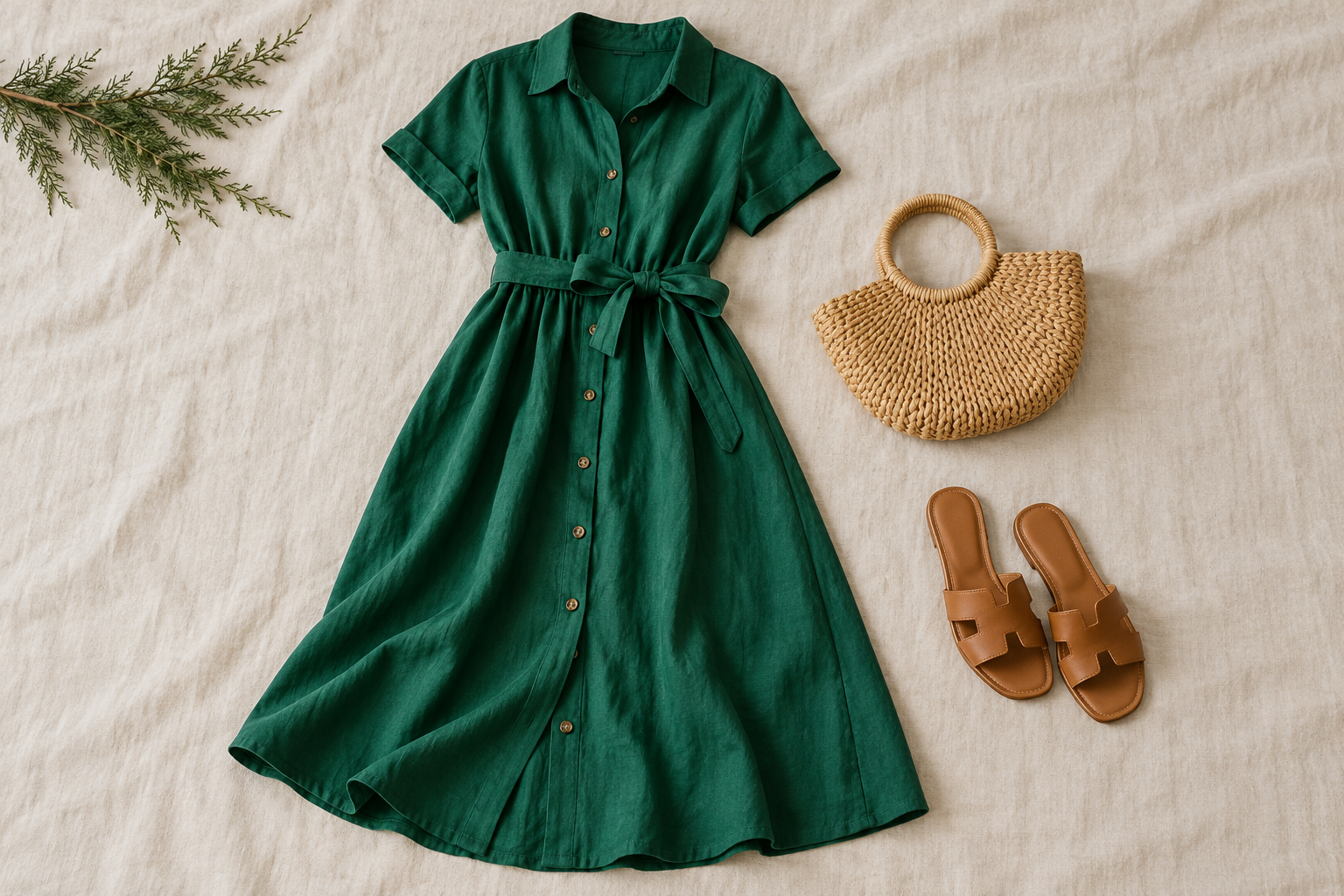 Emerald midi shirt dress with tan slides and a straw bag