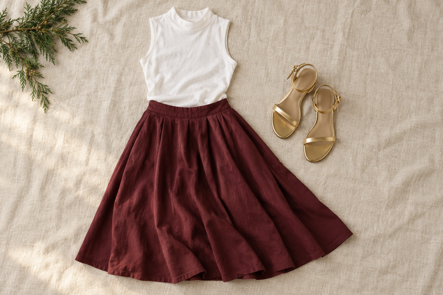 White sleeveless top, burgundy midi skirt and gold flat sandals