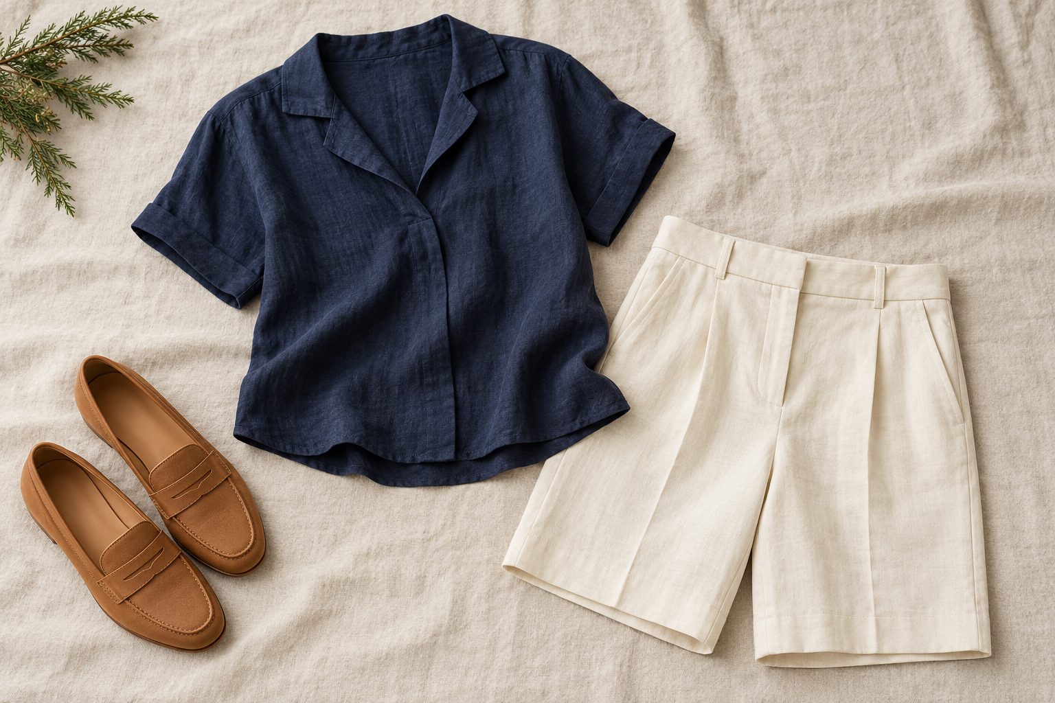Navy blouse, cream Bermuda shorts and tan loafers