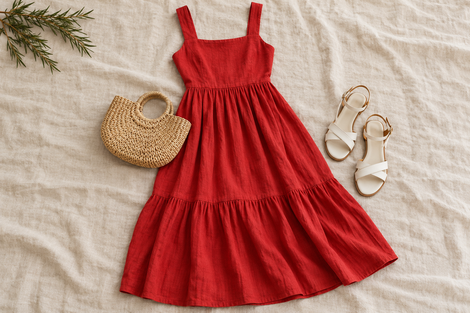 Red cotton midi sundress, white sandals and raffia bag