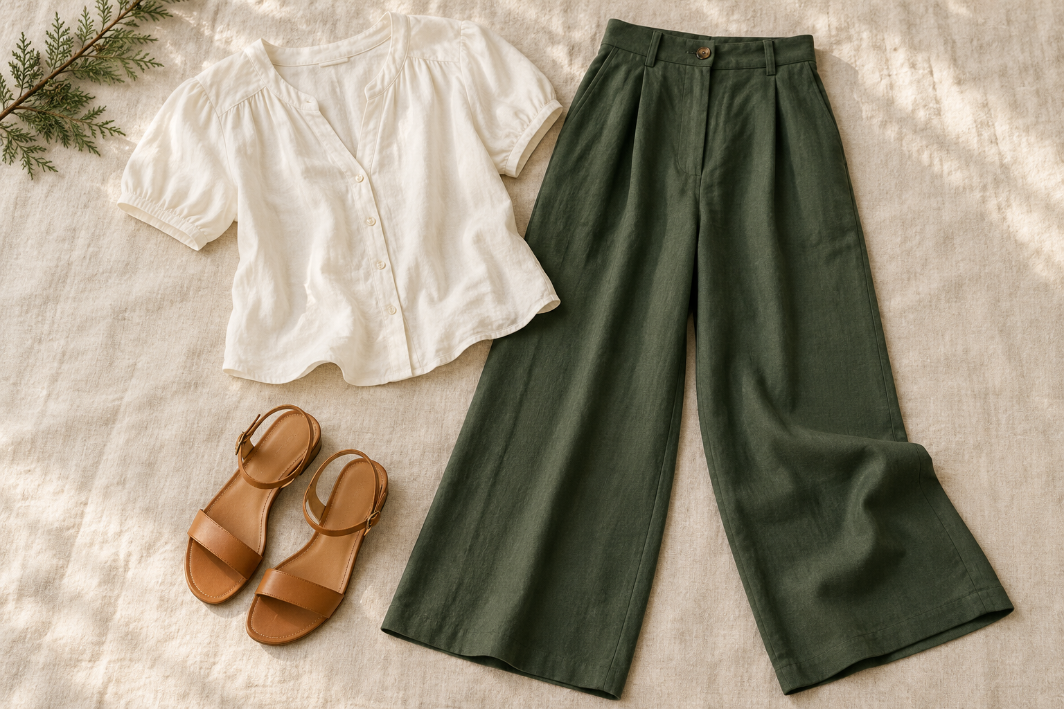 Ivory short-sleeve blouse with forest-green trousers and tan sandals
