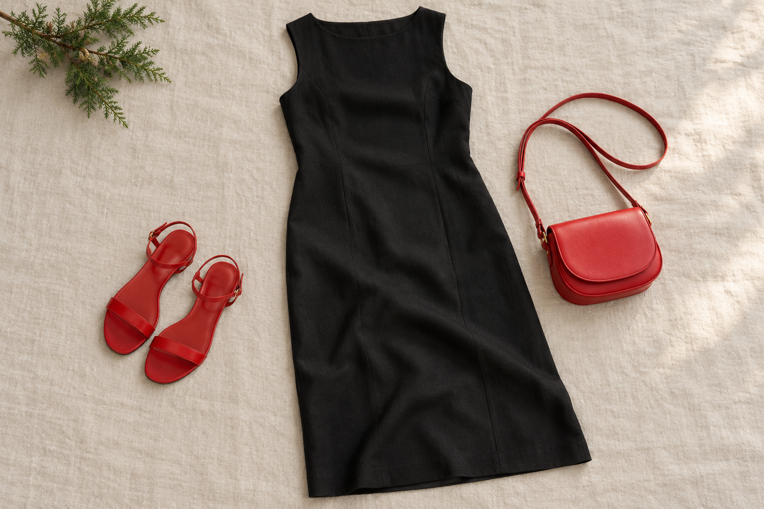 Black sleeveless midi dress with red sandals and a red bag