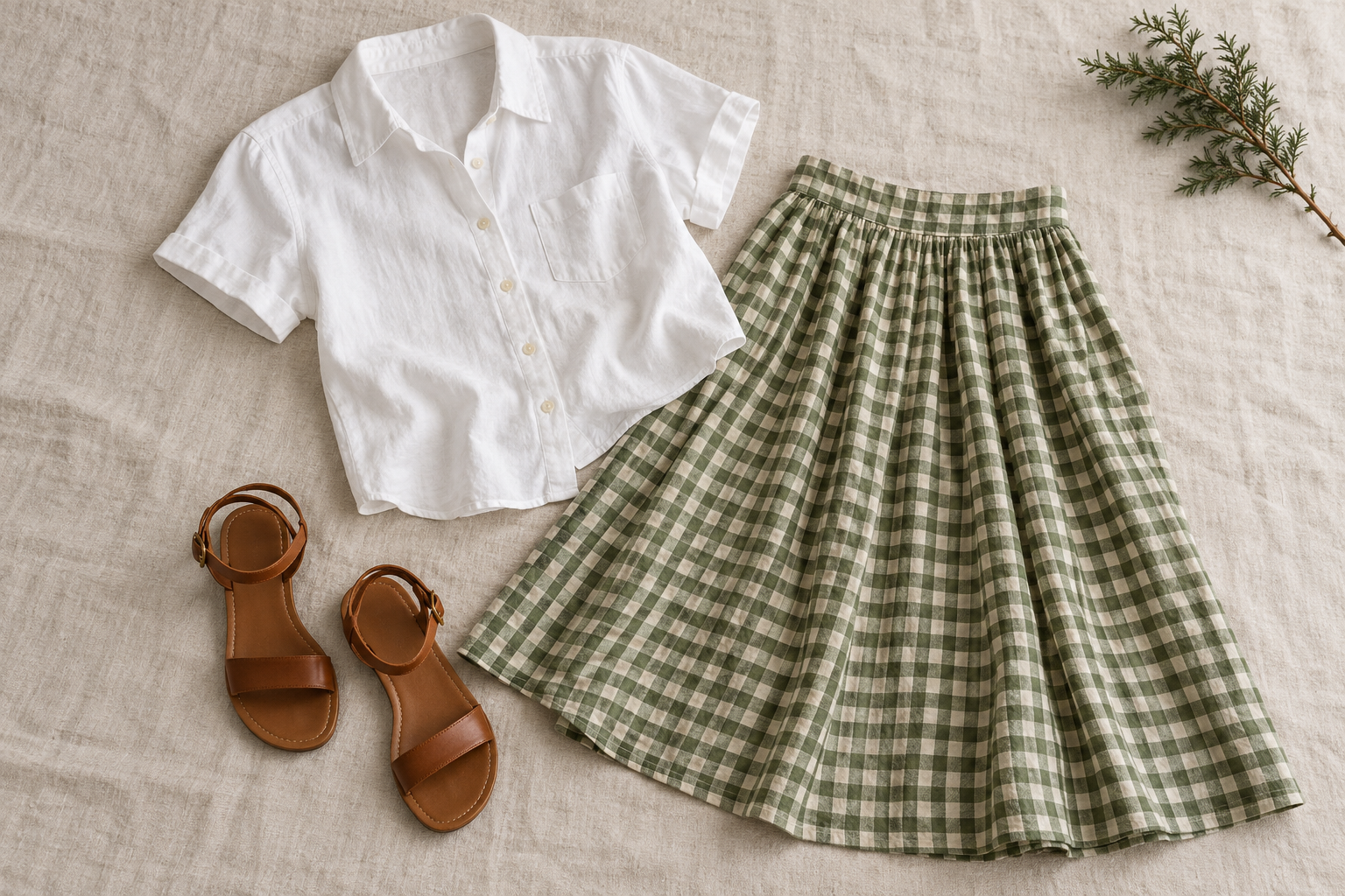 White cotton shirt, green gingham midi skirt and brown sandals