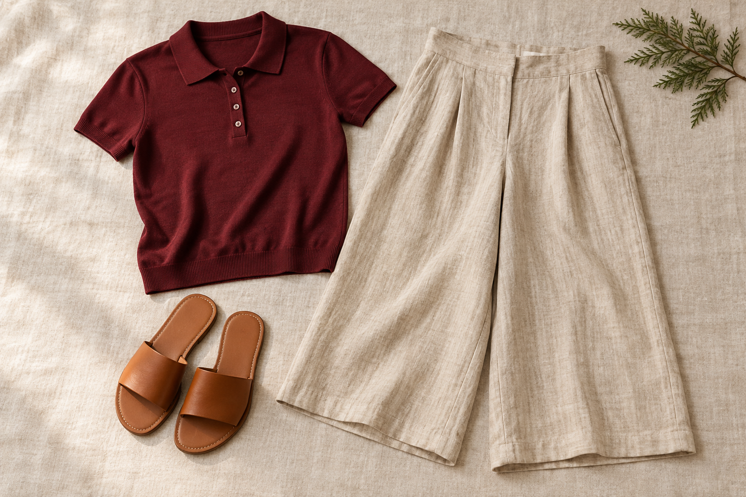 Burgundy short-sleeve knit polo, beige culottes and tan slides