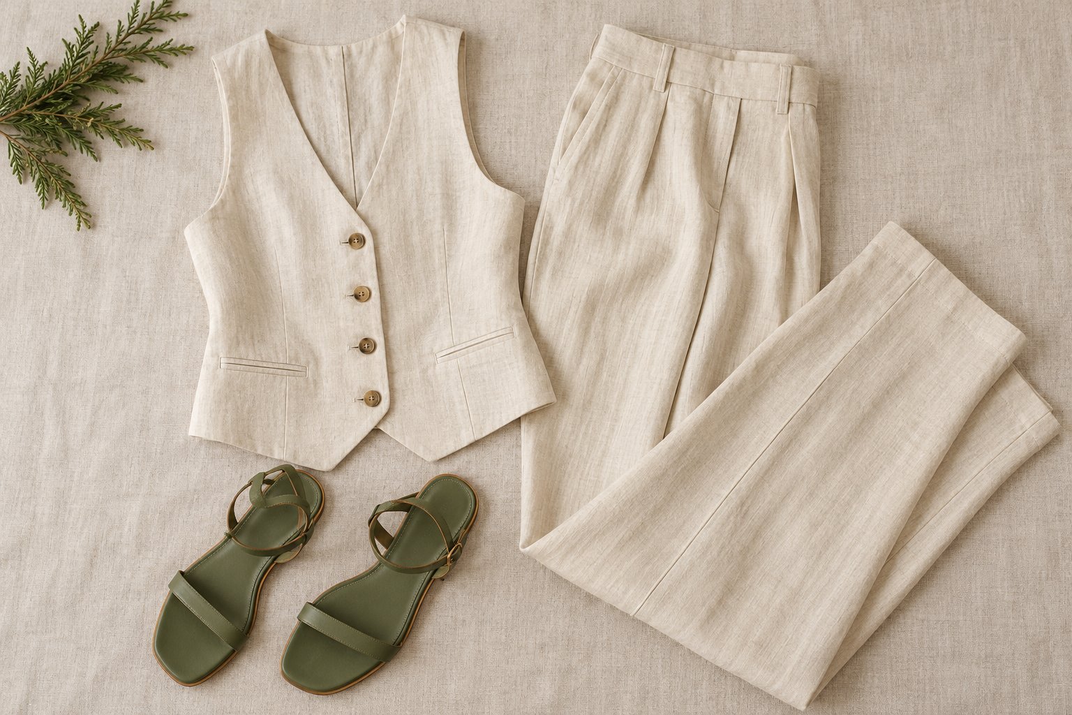 Cream linen waistcoat and trousers with green flat sandals