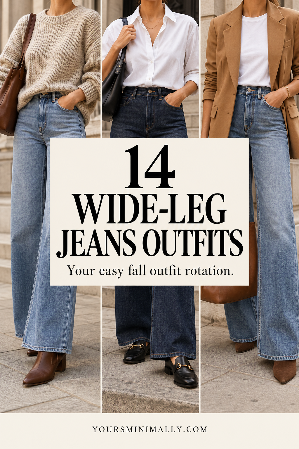 14 wide-leg jeans outfits for fall with faceless photos of sweaters, a white shirt, camel blazer, loafers and ankle boots