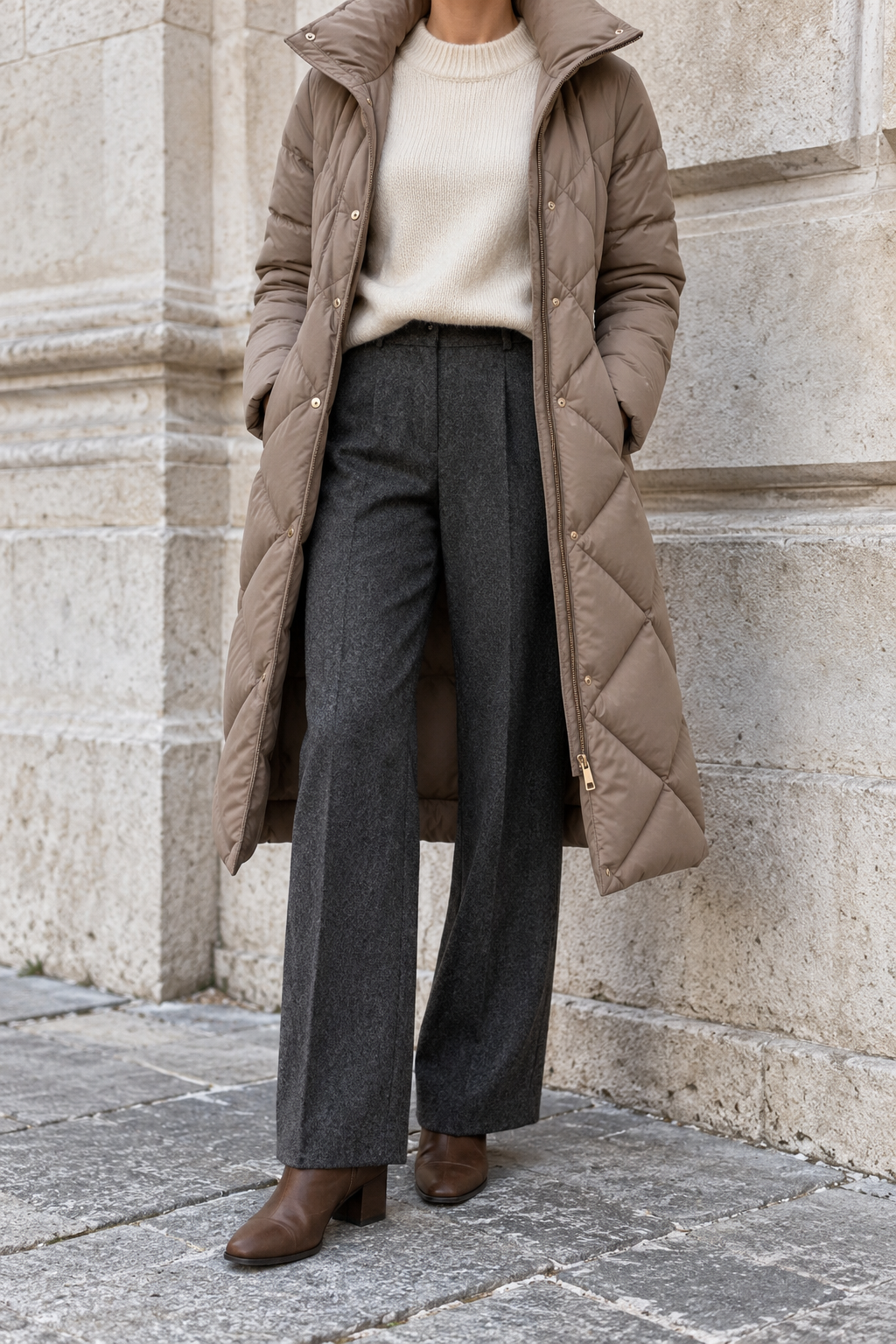 Taupe Insulated Coat + Cream Sweater + Wool Trousers — outfit styling inspiration