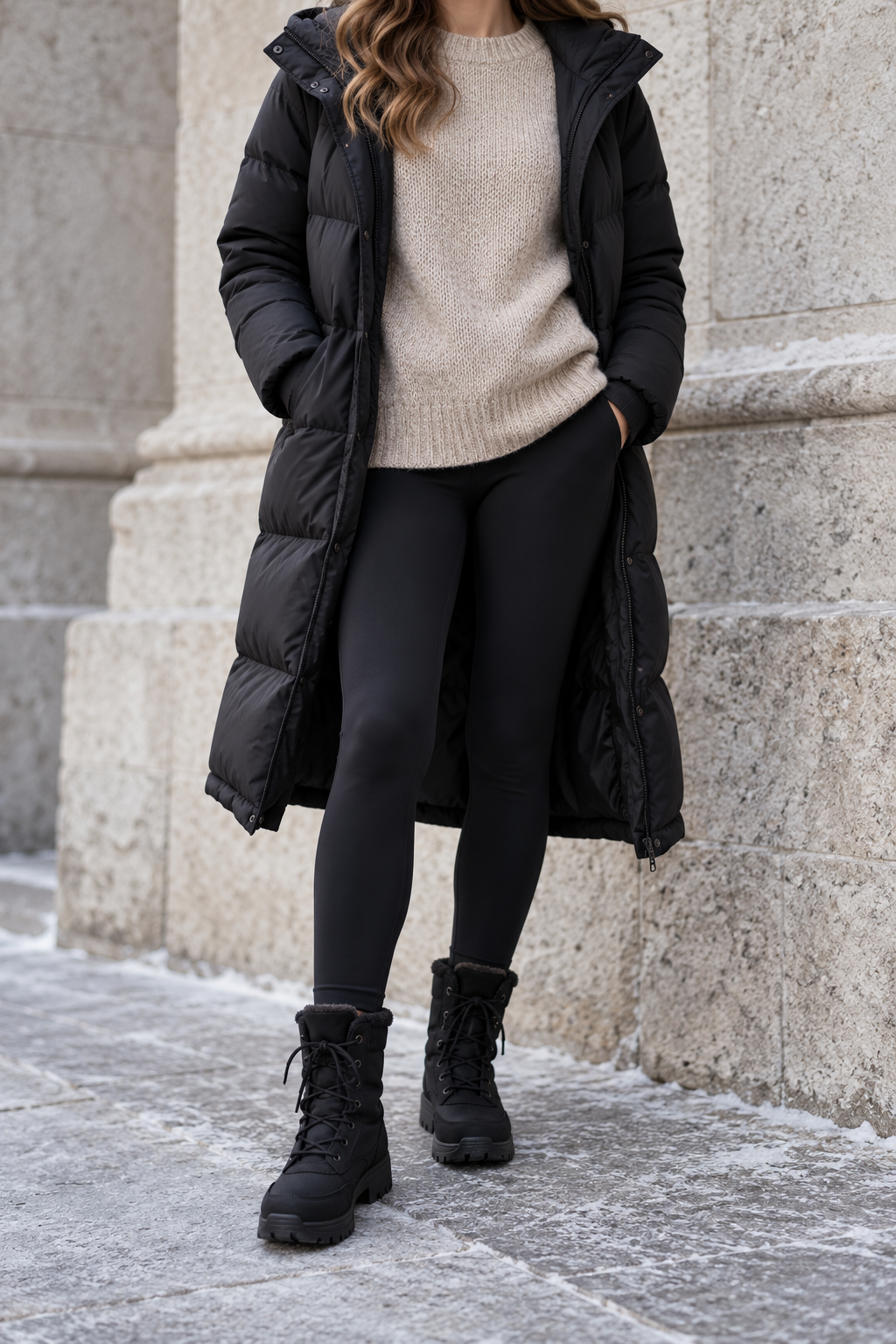 Long Black Puffer + Oatmeal Sweater + Leggings — outfit styling inspiration