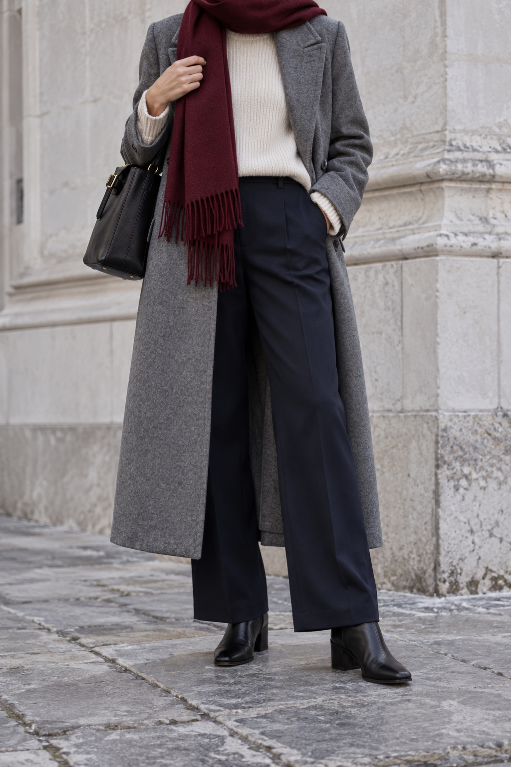 Grey Coat + Cream Knit + Navy Trousers + Burgundy Scarf — outfit styling inspiration