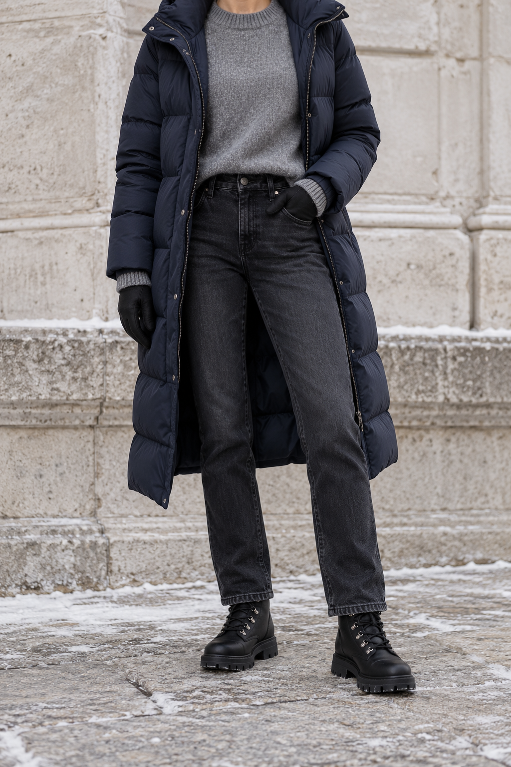 Navy Long Puffer + Grey Knit + Dark Jeans — outfit styling inspiration
