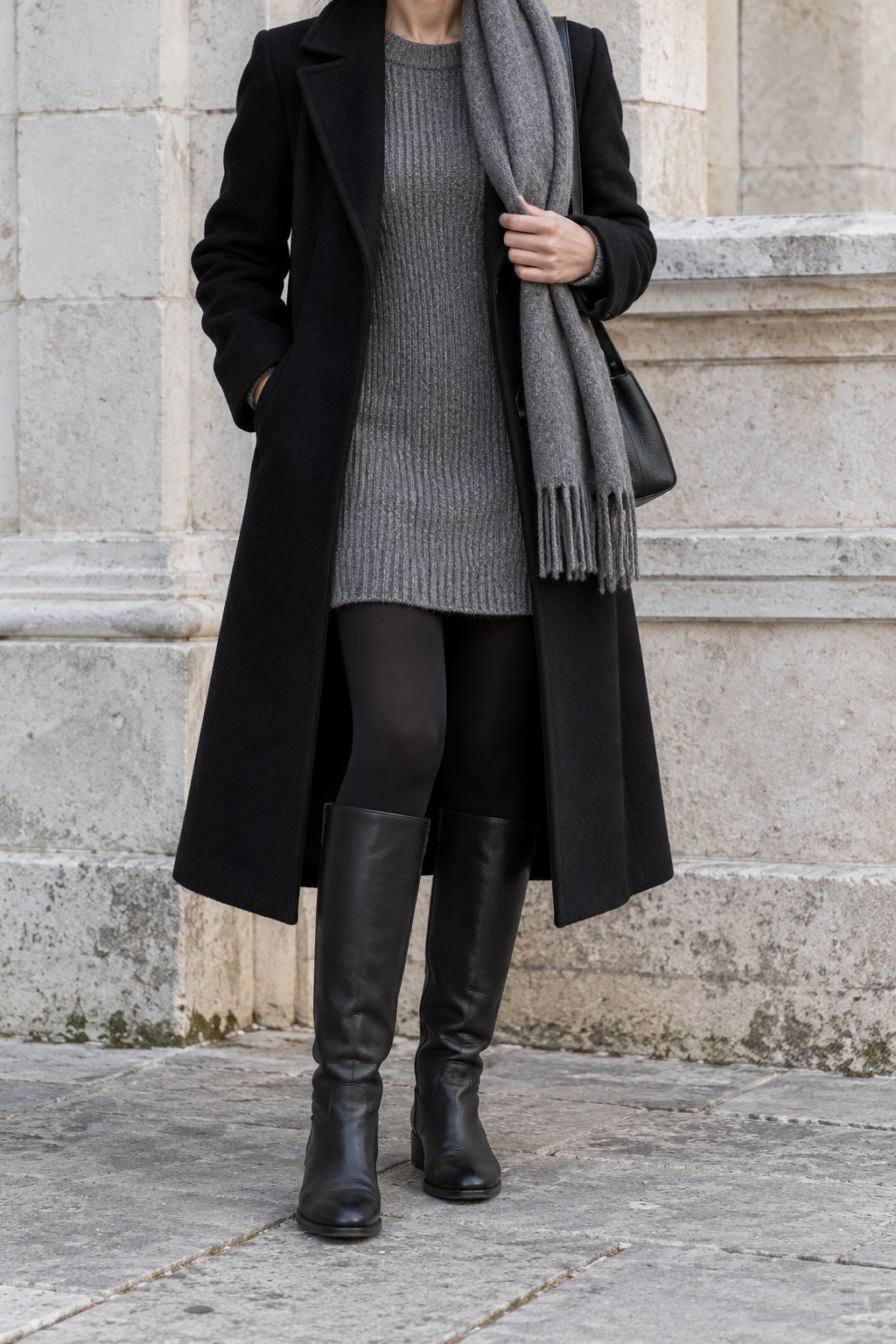Black Wool Coat + Grey Knit Dress + Knee Boots — outfit styling inspiration