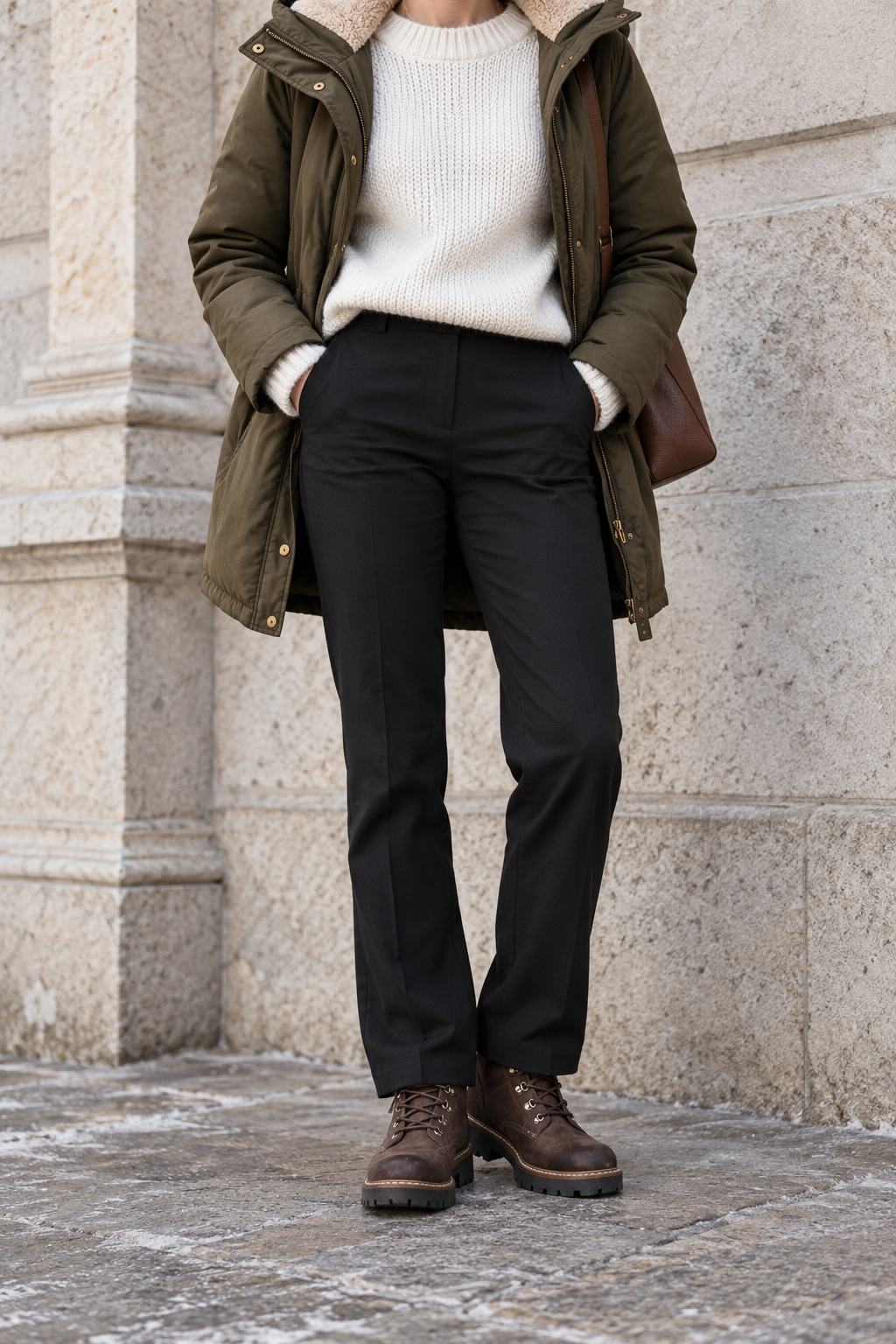 Olive Parka + White Sweater + Black Trousers — outfit styling inspiration