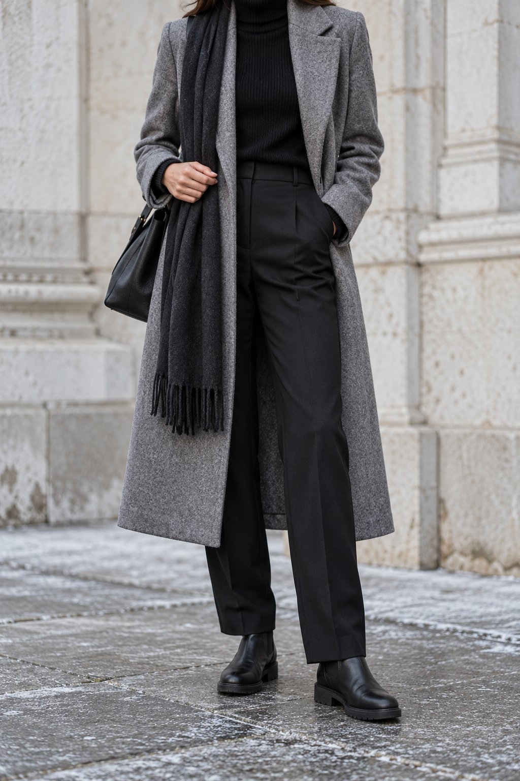 Grey Coat + Black Turtleneck + Black Trousers — outfit styling inspiration