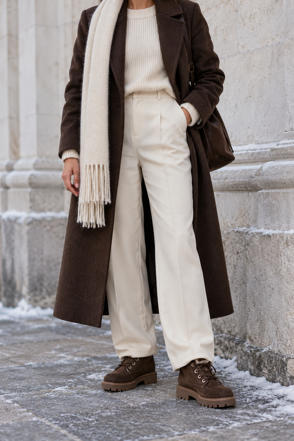 Chocolate Coat + Cream Knit + Cream Trousers — outfit styling inspiration