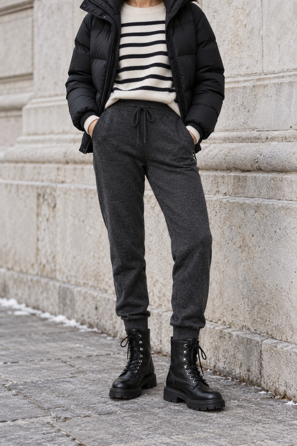 Black Puffer + Striped Knit + Charcoal Joggers — outfit styling inspiration