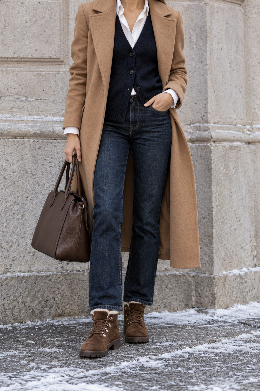 Camel Coat + Navy Cardigan + White Blouse + Jeans — outfit styling inspiration