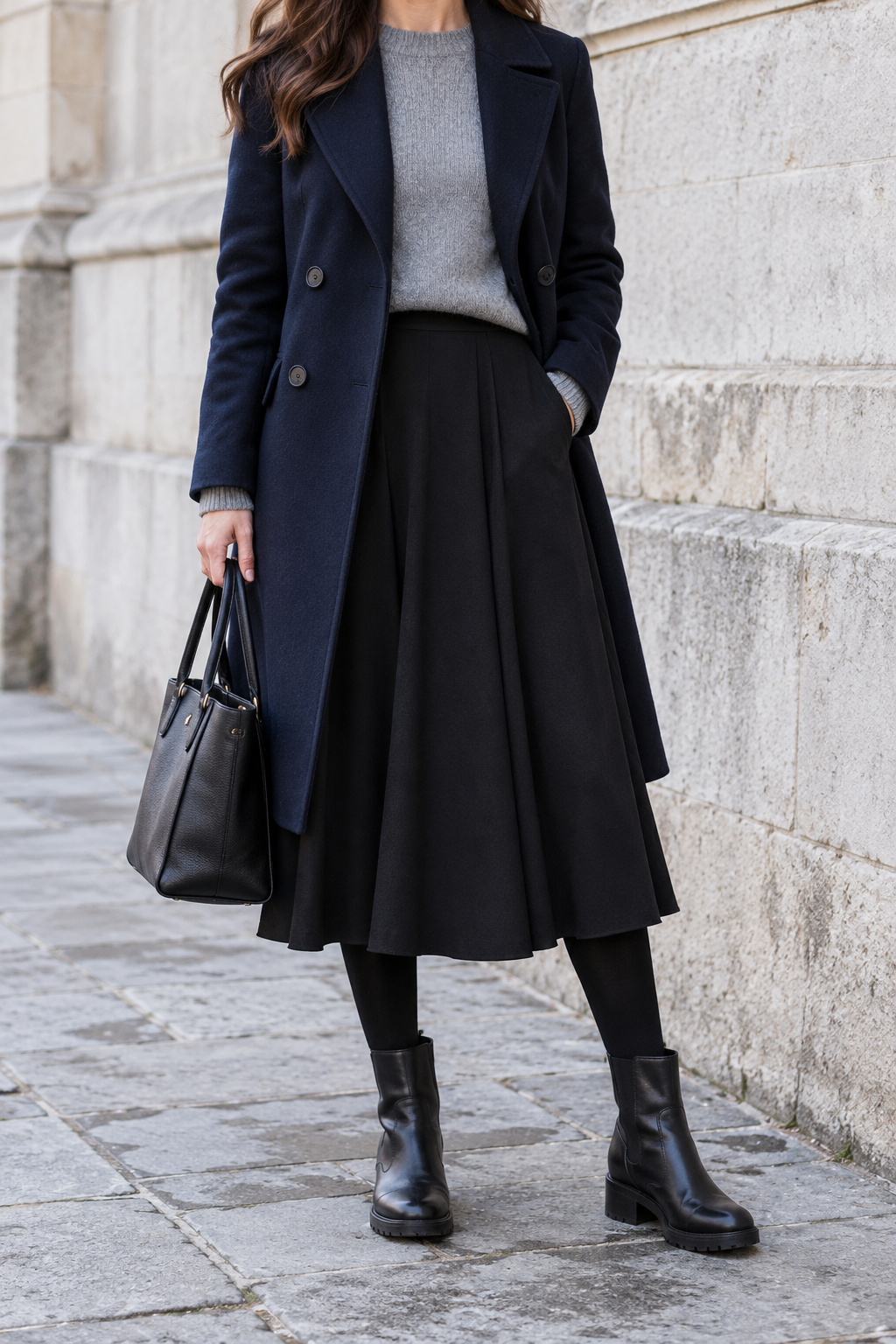 Navy Coat + Grey Sweater + Black Midi Skirt — outfit styling inspiration