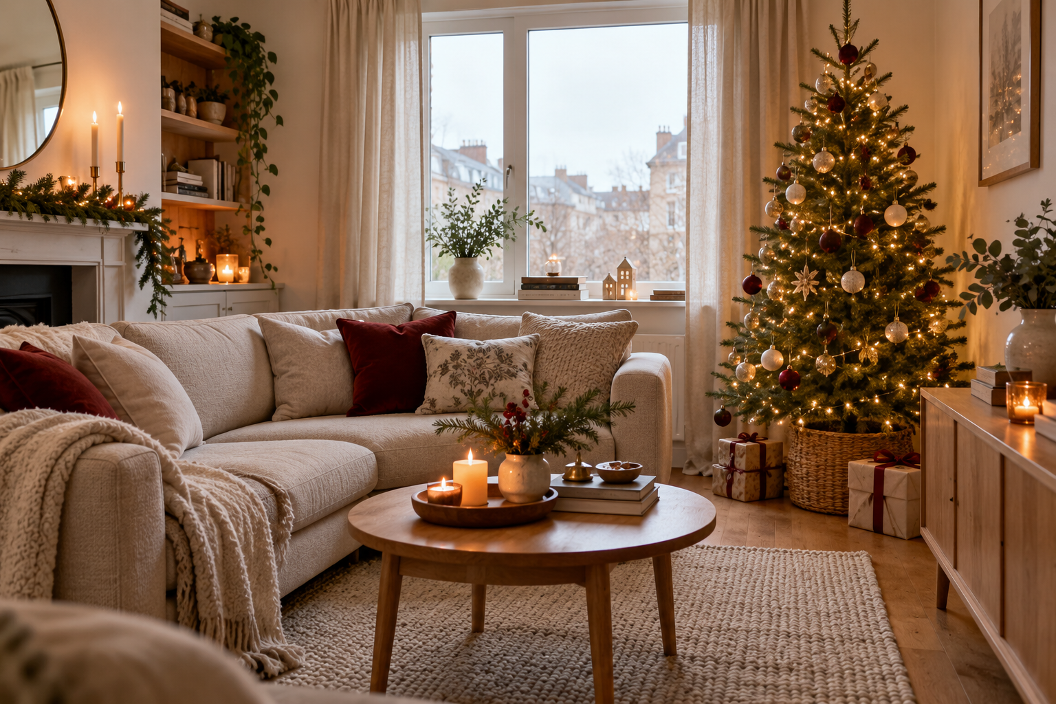 Cozy neutral apartment with a Christmas tree, cream sofa and burgundy seasonal accents