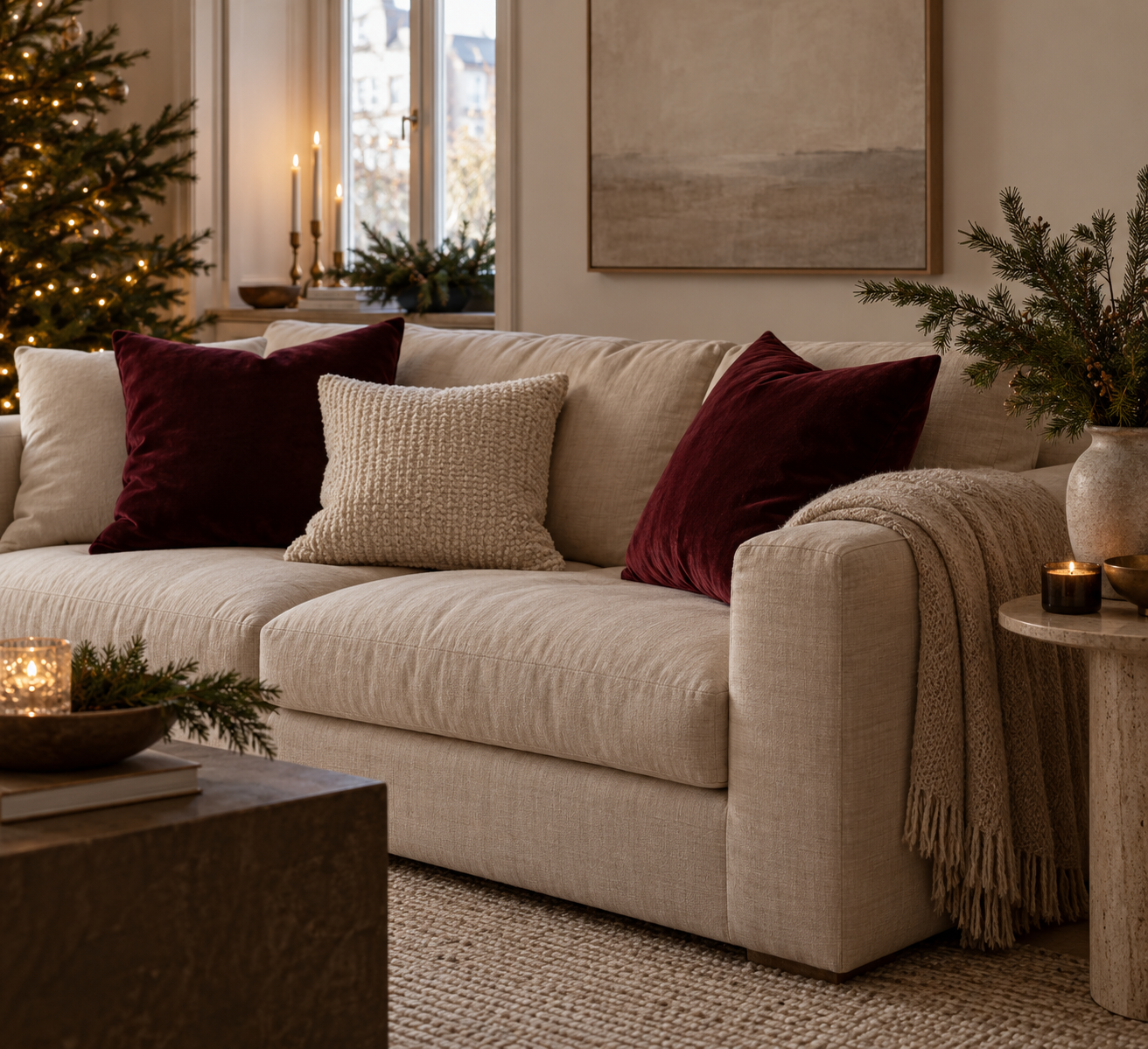Cream sofa with burgundy cushions and an oatmeal throw for Christmas